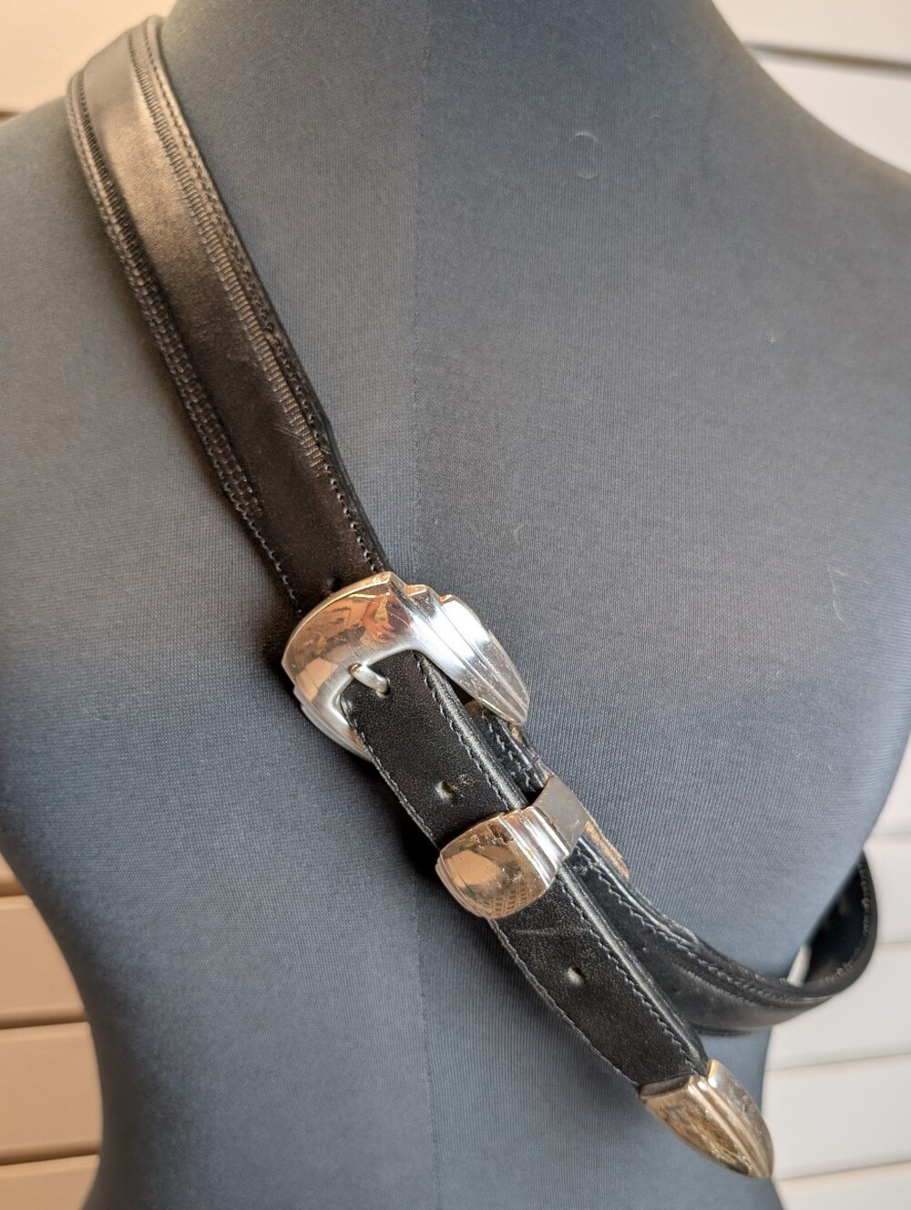 Vintage Great West Trading Co. Black Leather Belt with Silver Buckle/Tip Size 38